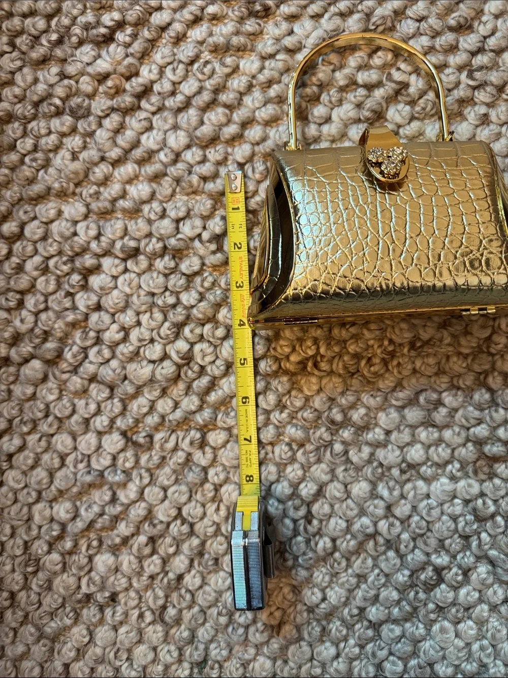 Metallic Gold Croc-Embossed Top Handle Bag with Crystal Clasp